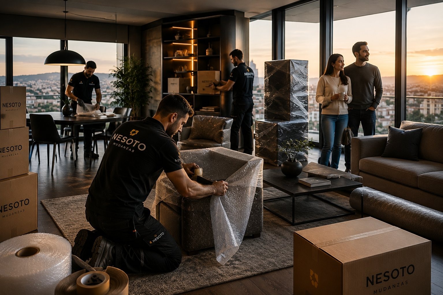 Equipo NESOTO preparando mudanza en apartamento de lujo al atardecer